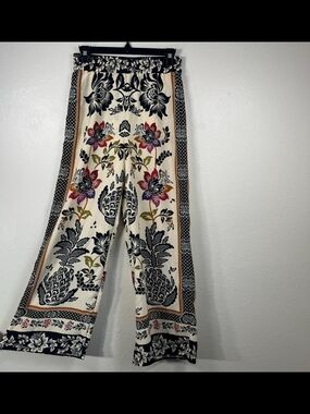 Rachel Zoe Cream Wide-Leg Pants with Black, Red & Green Floral Print-New No Tags
